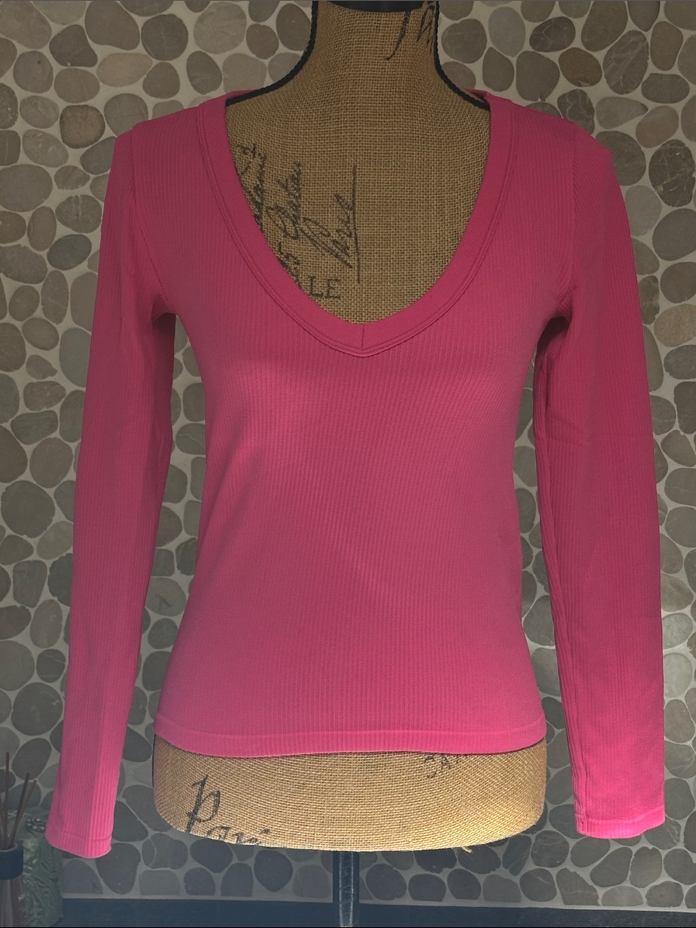 No Boundaries Long Sleeve Pink ribbed V neck